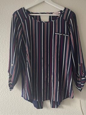 Tempted Los Angeles Striped Navy Women’s Blouse with Roll-Tab Sleeves